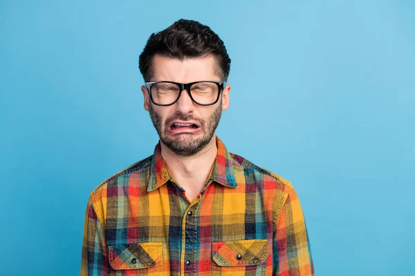 Photo Stressed Brunet Guy Crying Wear Eyewear Yellow Shirt Isolated — Fotografia de Stock