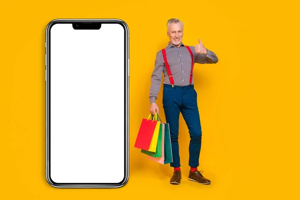 Full Length Body Size View Handsome Trendy Cheerful Man Buying — Stockfoto