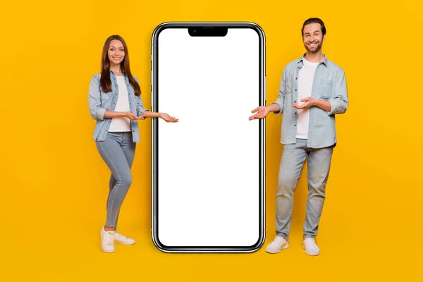 Full Length Body Size View Attractive Cheery Couple Demonstrating Copy — Stok fotoğraf