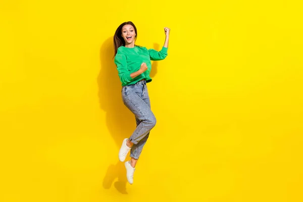 Full Body Portrait Delighted Satisfied Lady Jump Raise Fists Achievement — Stockfoto