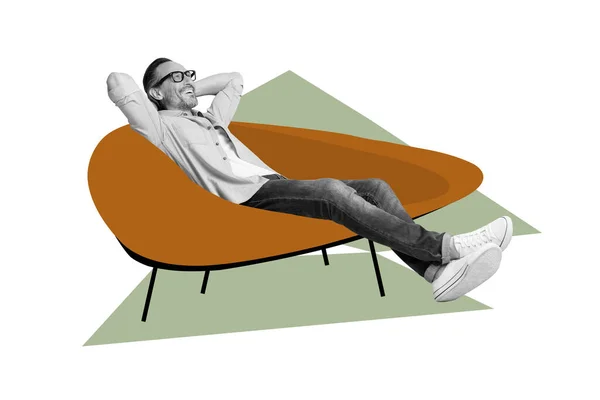 Creative Banner Collage Smiling Businessman Sitting Armchair Relaxing Finish Work — Stok fotoğraf