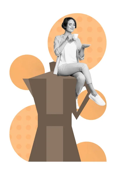 Collage Photo Young Attractive Retro Girl Miniature Sitting Big Kettle — Fotografia de Stock
