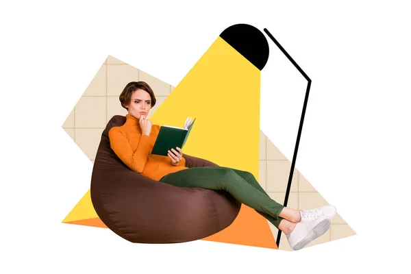 Collage Photo Young Minded Lady Sitting Pouf Light Holding Reading — Zdjęcie stockowe