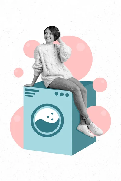 Collage Photo Young Attractive Smiling Happy Woman Sitting Washing Machine — Foto de Stock