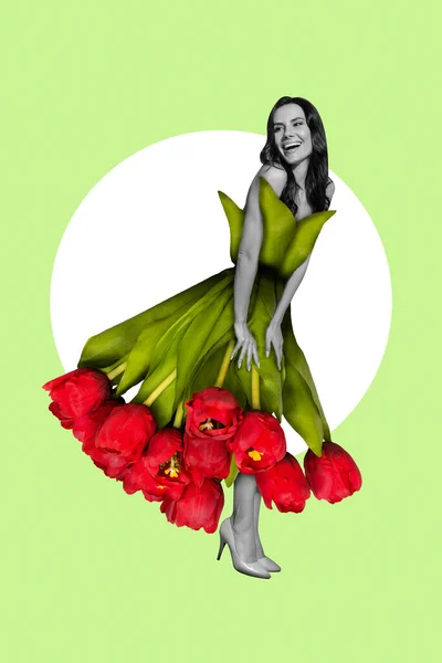 Vertical Magazine Poster Artwork Collage Charming Smiling Elegant Lady Wearing — Foto Stock