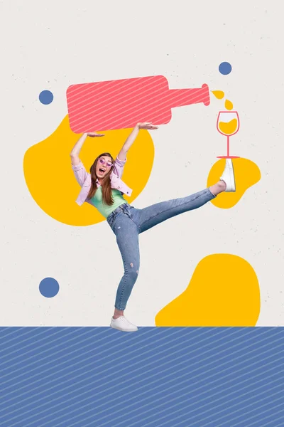 Vertical Collage Picture Excited Positive Girl Hands Hold Huge Drawing — Foto de Stock