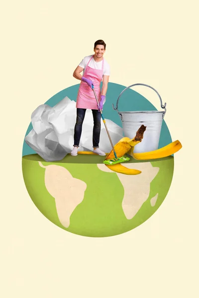 Collage Vertical Photo Young Smiling Happy Guy Cleaning Our Planet — Stock Photo, Image