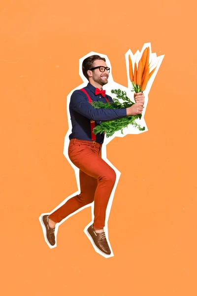 Vertical Collage Picture Positive Guy Arms Hold Bunch Carrot Ripe — Stockfoto