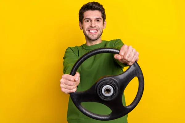 Photo Funky Impressed Young Guy Wear Green Sweater Riding Transport — Fotografia de Stock