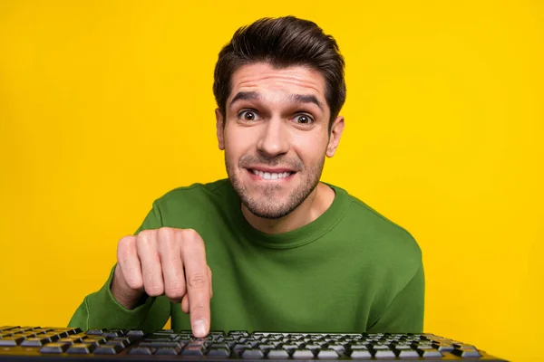 Portrait Attractive Funny Worried Guy Nerd Pressing Button Using Laptop — Stockfoto