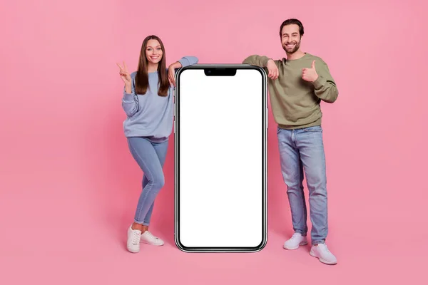 Full Body Photo Two Attractive Satisfied Persons Show Thumb Feedback — Stok fotoğraf