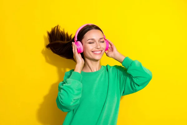 Portrait Pretty Positive Lady Closed Eyes Arms Touch Wireless Headphones — Stockfoto