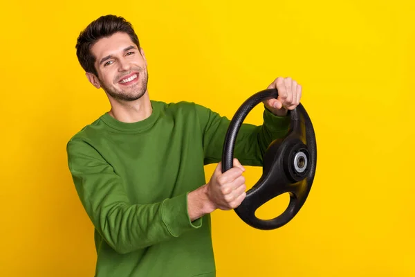 Portrait Attractive Cheerful Guy Holding Steering Wheel Riding Isolated Vivid — ストック写真