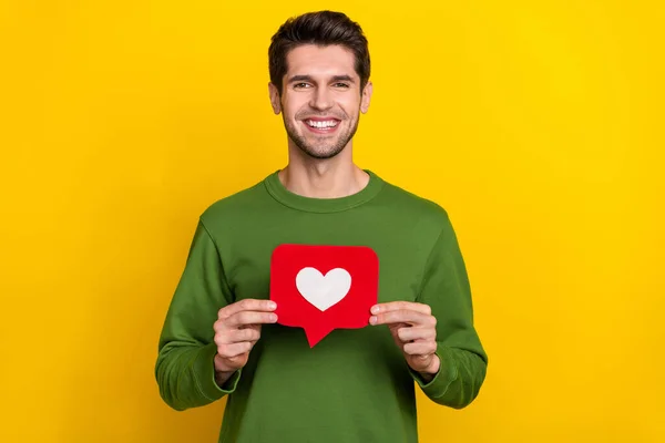 Photo Charming Sweet Guy Dressed Green Pullover Holding Heart Sign — Stock fotografie