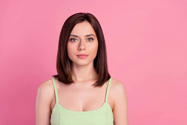 Photo Adorable Charming Young Lady Wear Green Dress Smiling Empty — Fotografia de Stock