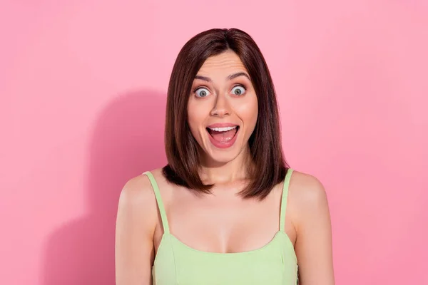 Photo Funky Excited Young Lady Wear Green Dress Smiling Open — Zdjęcie stockowe