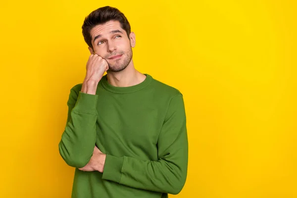 Photo Attractive Dreamy Guy Dressed Green Pullover Arm Fist Cheek — Foto Stock