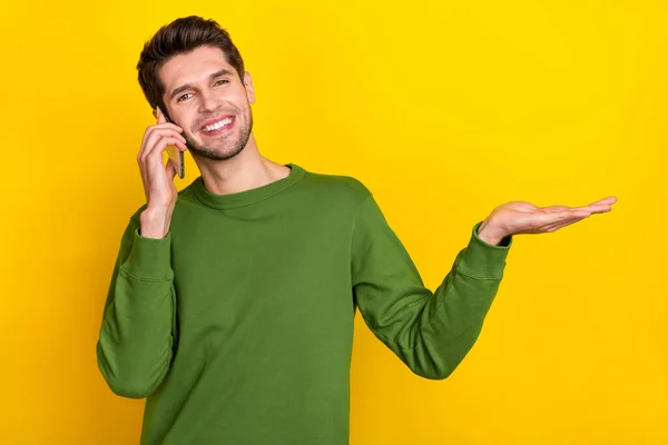 Photo Cute Funny Young Guy Wear Green Sweater Talking Modern — Stockfoto