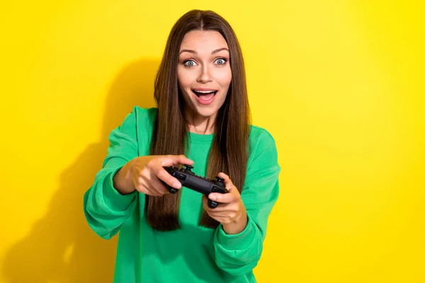 Portrait Overjoyed Positive Lady Hands Hold Gamepad Playing Games Isolated — Stockfoto