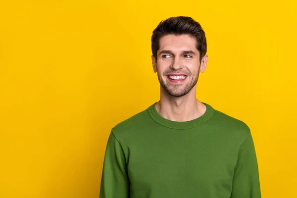 Photo Attractive Dreamy Young Guy Dressed Green Pullover Looking Empty — 图库照片