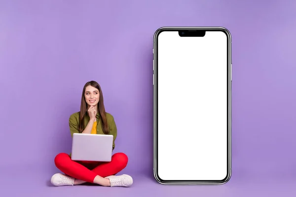 Portrait Attractive Cheery Girl Using Laptop Deciding Copy Space Web — Stock Photo, Image