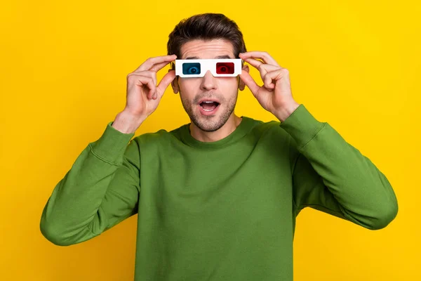 Photo Cute Impressed Guy Dressed Green Pullover Eyewear Open Mouth — Foto Stock