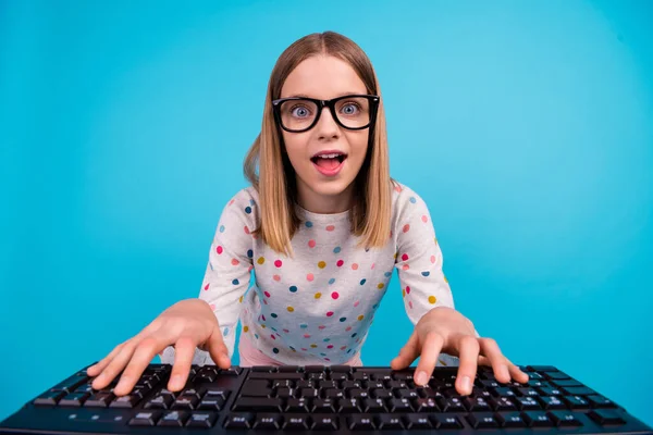 Photo Funny Funky Small Girl Wear Dotted Shirt Eyeglasses Typing — Zdjęcie stockowe