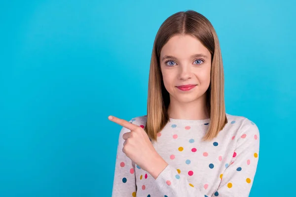 Photo Funky Cute Small Girl Wear Dotted Shirt Smiling Pointing — Stockfoto