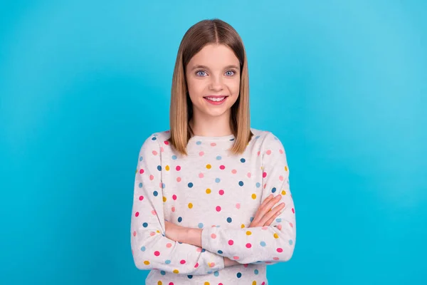 Photo Charming Confident Small Girl Wear Dotted Shirt Smiling Arms — Fotografia de Stock