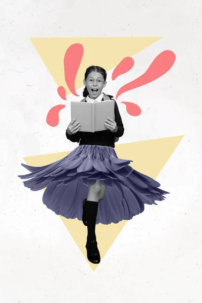 Vertical Collage Picture Excited Girl Black White Gamma Hold Book — Stockfoto