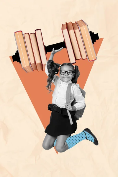 Vertical Banner Collage School Girl Jump Book Wear Uniform Isolated —  Fotos de Stock