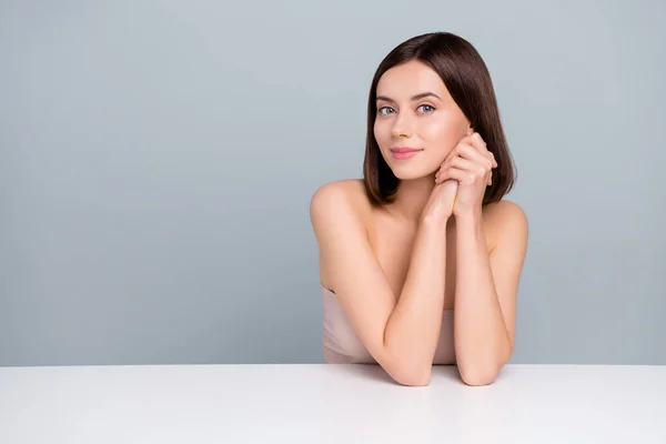 Portrait Pretty Gentle Lady Sit Podium Wait Beautician Stylist Face — Fotografia de Stock