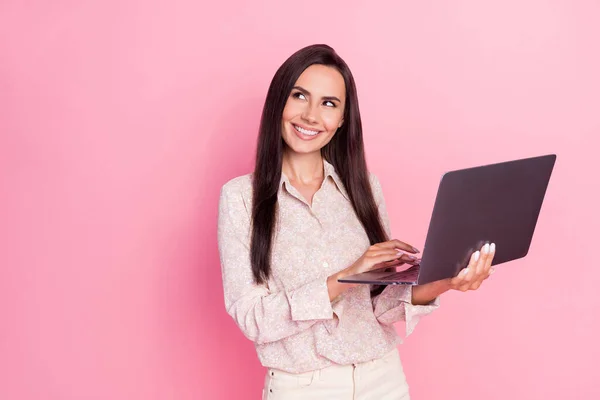 Portrait Photo Young Cute Lady Hold Computer Laptop Touchpad User — Foto Stock
