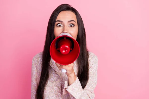 Closeup Photo Young Screaming Megaphone Lady Shocked Crazy Activist Politics — Stock Photo, Image