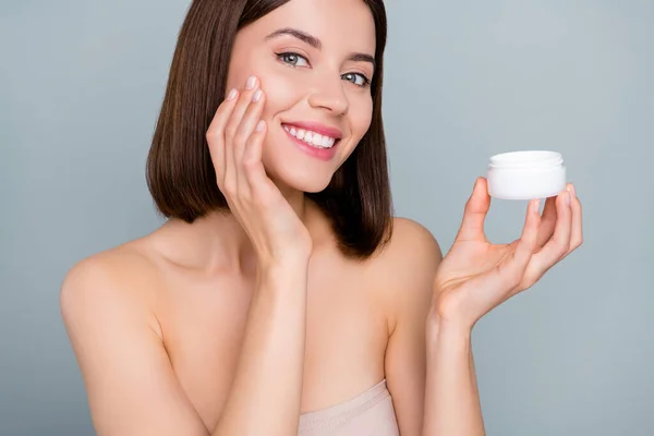 Cropped Photo Joyful Lady Use Nourishing Skin Product Want Silky — Zdjęcie stockowe