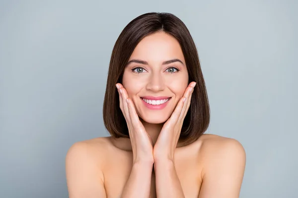 Portrait Smiling Lady Touch Hands Face Apply Pure Gel Detox — Stock Photo, Image