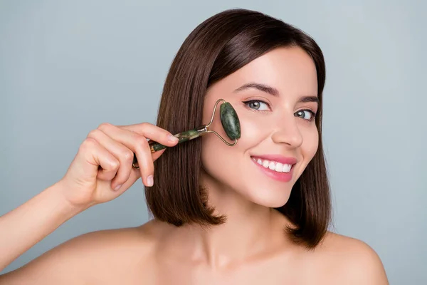 Portrait Joyful Smile Lady Apply Jade Gua Sha Beauty Tool — ストック写真