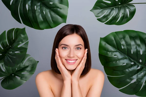 Photo Joyful Lady Touch Hands Face Use Enjoy Herbs Effect — Stockfoto