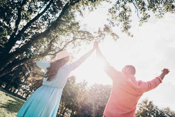 Photo Session Two Young Students Girlfriend Boyfriend Hold Hands Celebrate — Stockfoto