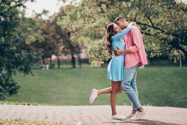 Photo Sweet Charming Two People Together Wear Casual Outfits Walking — Foto Stock