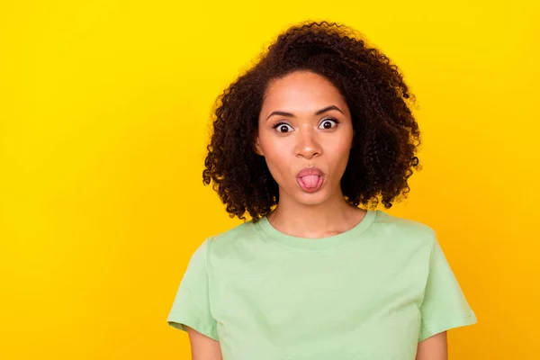 Photo Funky Brunette Young Lady Tongue Out Wear Green Shirt — Foto Stock