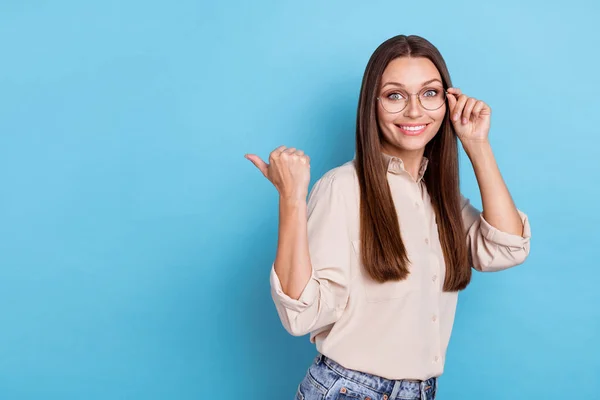 Photo Funny Millennial Lady Index Promo Wear Eyewear Casual Cloth — Foto Stock