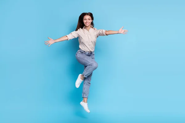 Full Body Photo Optimistic Millennial Lady Jump Hug Wear Shirt — Foto de Stock