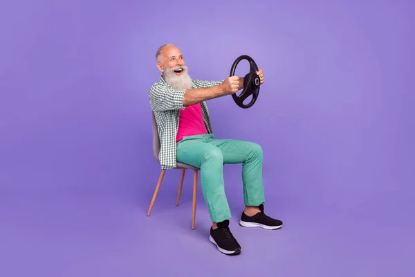 Full Length Profile Photo Excited Handsome Person Hold Wheel Sit — Foto Stock
