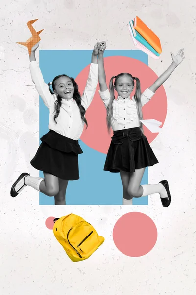 Vertical Collage Image Two Excited Funny Girls Hold Hands Black —  Fotos de Stock