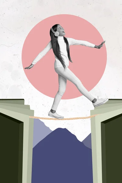 Vertical Collage Image Carefree Positive Girl Black White Gamma Listen — 스톡 사진