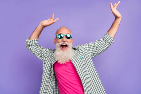 Photo Satisfied Cheerful Aged Man Raise Hands Dancing Chilling Isolated —  Fotos de Stock