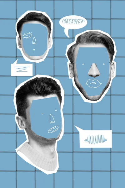 Vertical Collage Illustration Three Guy Heads Drawing Face Speak Communicate — 图库照片