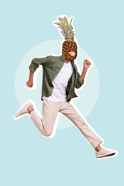 Vertical Collage Image Overjoyed Guy Jumping Running Pineapple Instead Head — Foto Stock