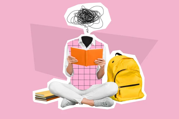 Collage Photo Creative Artwork Sketch Weird Person Tired Schoolgirl Sit — Stock fotografie